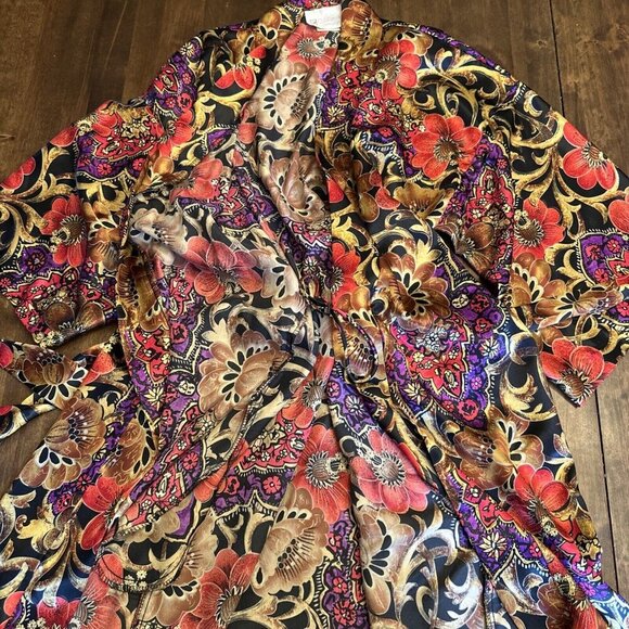 Vintage California Dynasty Robe Sleepwear Old Money Floral Gold Small Womens Red - Picture 6 of 9
